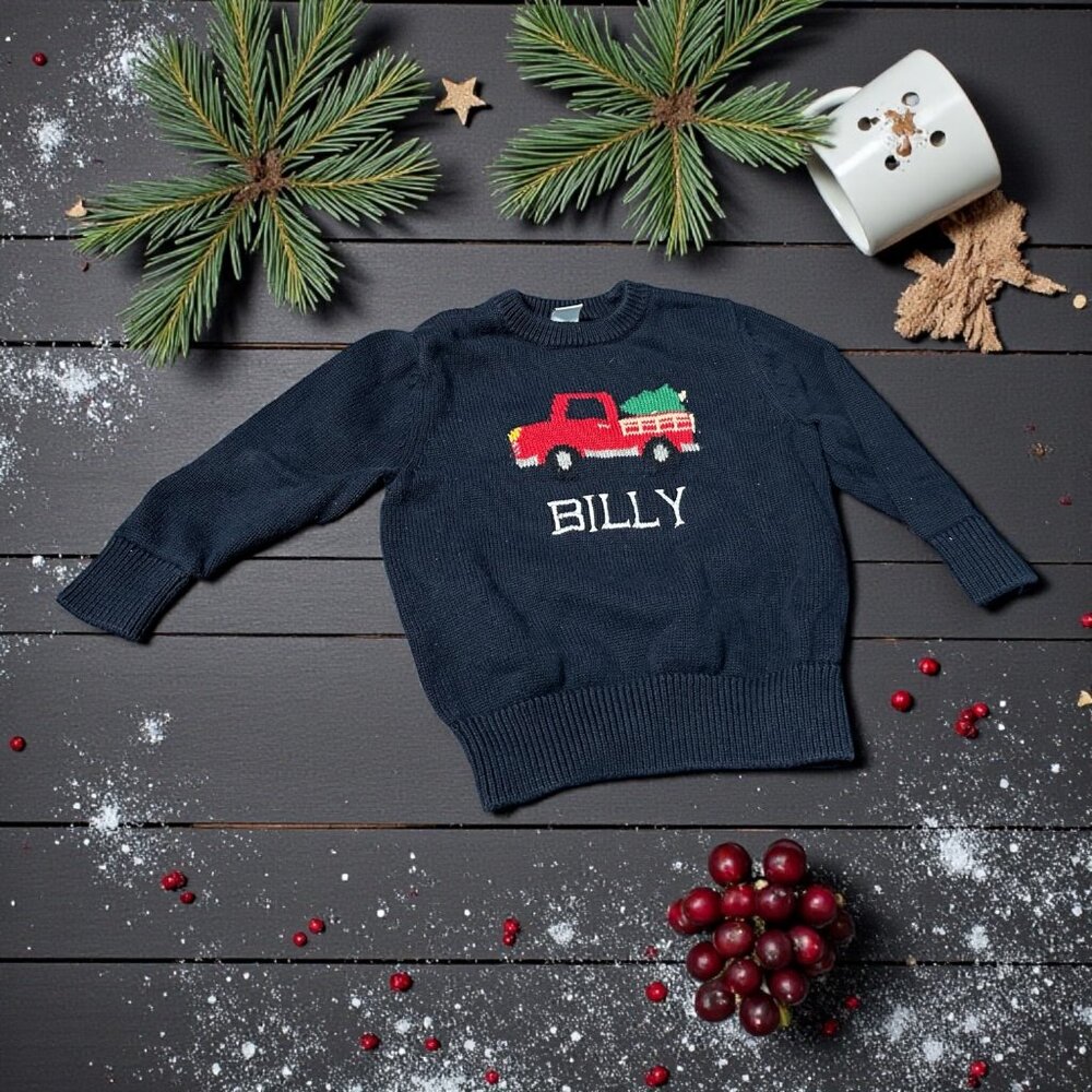 VGC Classic Club Xmas FireTruck/Tree Navy Sweater- Bill is embroidered 2T